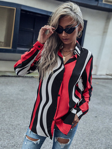 Blouse For Women Red Turndown Collar Casual Stripes Buttons Long Sleeves Oversized Shirt