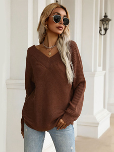 Pullover für Frauen Kaffee Braun V-Ausschnitt Lange Ärmel Stretch Polyester Pullover