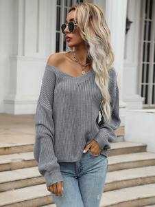 Pullovers For Women Light Gray V Neck Long Sleeves Stretch Sweaters