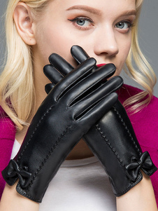 Handschuhe für Frauen Bögen Winter Schwarze PU-Lederhandschuhe