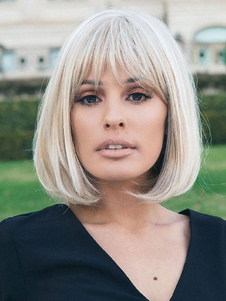 Synthetic Wigs Ecru White With Bangs Fringe Heat Resistant Fiber Short Wig