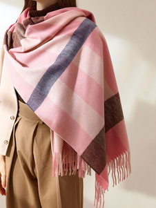 Bufanda de mujer con diseño de cuadros con flecos, bufanda rosa de fibra de poliéster con flecos