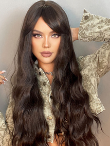 Длинный парик для женщин Темно-коричневые вьющиеся жаропрочные волокна Длинные синтетические парики с взъерошенными волосами