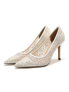 Mujeres Bombas Slip-On Punta puntiaguda Tacón de aguja Tops bajos Tacones de novia de color albaricoque claro