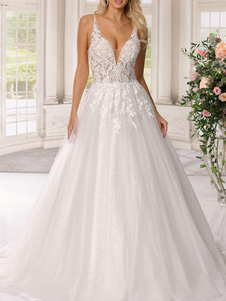 White Simple Wedding Dress With Train A-Line V-Neck Sleeveless Backless Lace Bridal Gowns Free Customization