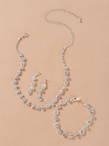 Conjuntos de 3 piezas de joyería Collar de aleación de diamantes de imitación blanco Pendiente Pulsera Traje de joyería
