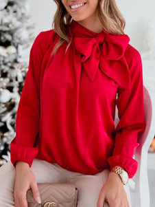 Bluse für Frauen Rot Polyester Stehkragen Lace Up Bowknot Layered Casual Plissee Bögen Lange Ärmel T-Shirt