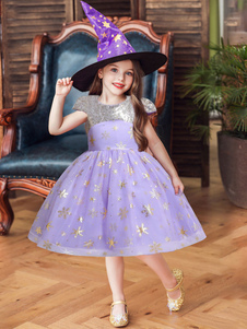 Lavanda Vestidos de niña de las flores Joya Cuello Mezcla de algodón Sin mangas Princesa Silueta Lentejuelas Hasta la rodilla Niños Vestidos de fiesta social