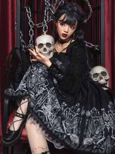 Gothic Lolita OP Dress 2-Piece Set Sleeveless Polyester JSK Dark Lolita Jumper Skirt Outfit