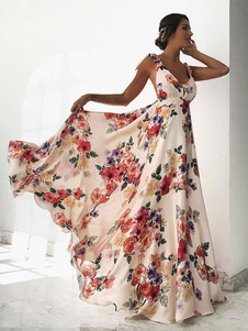 Vestido largo blanco  Moda Mujer sin mangas de chifón Vestidos con estampado de flores muy escotado por detrás con cuello en V estilo bohemio Verano