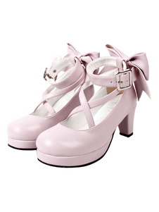 Sweet Lolita Shoes Platform Heels Bow Round Toe Cross Front Lolita Pumps