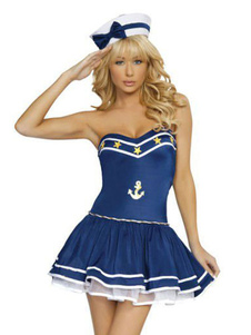 Disfraz Carnaval Disfraz de marinera de marinero de poliéster azul con dibujo de estrellaspara adultos con gorra&con vestido Halloween