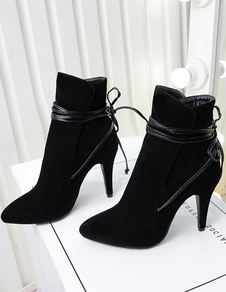 Ankle Black Suede Pointed Toe Strappy Short Booties