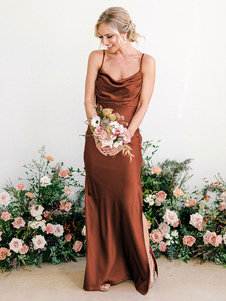 Bridesmaid Dress Mermaid Floor-Length Sleeveless Zipper Elastic Silk Like Satin Brick Red Wedding Party Dress Free Customization