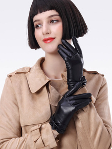 Women Leather Bow Decor Gloves