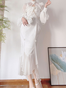 Vestidos Lolita de estilo chino Conjunto de 3 piezas Poliéster Drapeado lateral Jacquard Blanco Qi Lolita Jumper Faldas