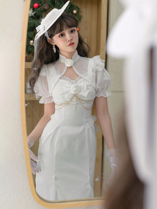 Vestido Lolita de estilo chino, conjunto de 2 piezas, poliéster, Jacquard, drapeado lateral, blanco, Qi, Lolita, faldas tipo puente
