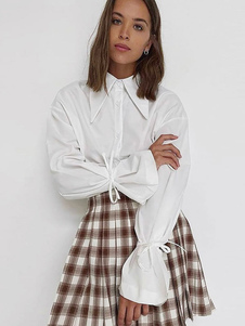 Camicetta per donna Top in poliestere bianco con colletto rovesciato casual a maniche lunghe