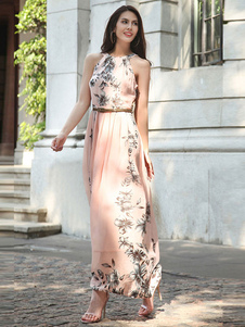 Summer Dress Floral Print Pink Long Beach Dress