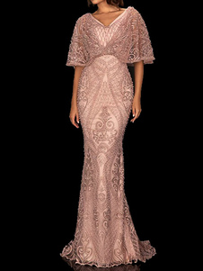 Party Dress For Mother Of The Bride V-Neck Half Sleeves Mermaid Beaded Wedding Guest Dresses