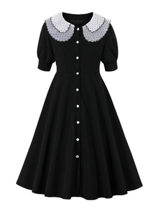 Vintage Kleid der 1950er Jahre Audrey Hepburn Stil schwarze Frauen kurze Ärmel Swing-Kleid