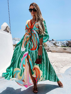 Vestido largo con cuello en V Batwing Bohemio Impreso Beach Cover-Up para mujer
