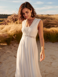 Vestido de novia bohemio Chifón Recortado Corte en A con cola Cintura natural Sin espalda Sin mangas Escote en V Marfil