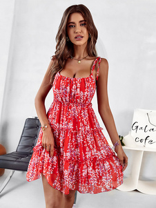 Summer Dress Straps Neck Printed Red Short Beach Dress