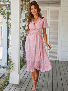 Robe Longue Femme Imprimé à Col V avec Manches Courtes Volantes Coupe Cintrée Bas Evasée Bicolores