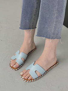 Sandálias femininas de bico quadrado vitrificadas PU planas deslizantes pretas