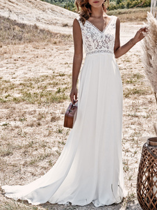 Boho Brautkleid Hippie-Braut elfenbeinfarbe V-Ausschnitt Spitze ärmellos Boho Vintage Brautkleid