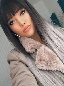 Women Long Wig Gray Straight Heat-resistant Fiber Casual Layered Long Synthetic Wigs