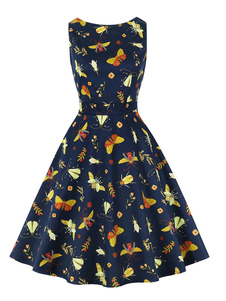 Retro Kleid 1950er Jahre Audrey Hepburn Stil ärmelloses knielanges bedrucktes Swingkleid für Damen