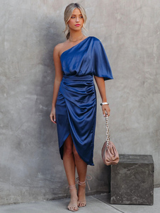 Party Dresses Blue One-Shoulder Short Sleeves Semi Formal Dress