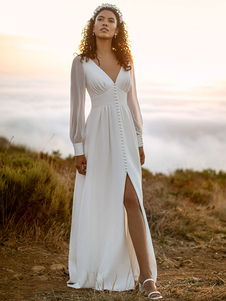 Simple Wedding Dress A-Line V-Neck Long Sleeves Split Front Bridal Gowns Free Customization