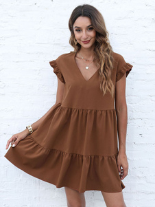 Summer Dress Coffee Brown V-Neck Ruffles Beach Dress