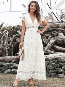 Vestido largo con cuello en V Manga corta Vestido informal hasta el suelo