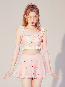 Trajes de Lolita dulce Trajes sin mangas con lazos de volantes rosas