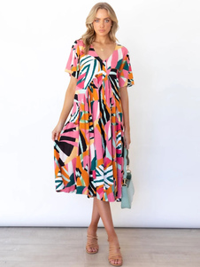 Summer Dress V-Neck Printed Pleated Pink Medium Beach Dress