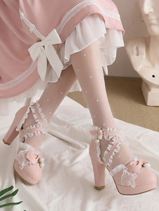 Lolita Shoes ROCOCO Style Sweet Black Bows Ruffles Pearls Round Toe PU Leather Lolita Pumps