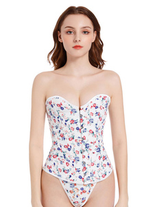 White V-Neck Sexy Lace-up Buttons Floral Print Bustier For Women