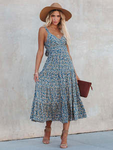 Vestido maxi Tirantes Cuello sin mangas Poliéster Sexy Estampado floral Capas con cordones Hasta el suelo Vestido