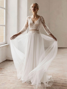 Ivory Boho Wedding Dress Lace A-Line With Train Long Sleeves V-Neck Bridal Dress Free Customization