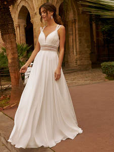 Ivory Boho Wedding Dress Chiffon Lace A-Line Sleeveless V-Neck Bridal Dress With Train Free Customization