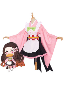 Demon Slayer: Kimetsu no Yaiba Kamado Nezuko Rosa Kimono Maid Dress Cosplay Kostüm