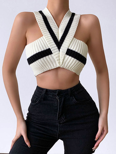 White Cami Top V-Neck Acrylic Backless Sexy Two-Tone Women Camis