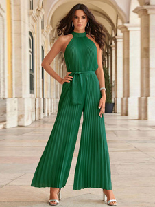 Green Jumpsuit Sleeveless Pleated Backless Flared Summer Playsuit