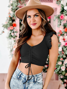 Black Cami Top V-Neck Ruffles Drawstring Sexy Camis For Women