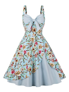 Vintage Kleid der 1950er Jahre Audrey Hepburn Stil rückenfreies ärmelloses knielanges Kleid mit Blumendruck für Damen