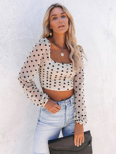 Sexy Top For Women Square Neck Long Sleeves Pleated Polka Dot Summer Tops